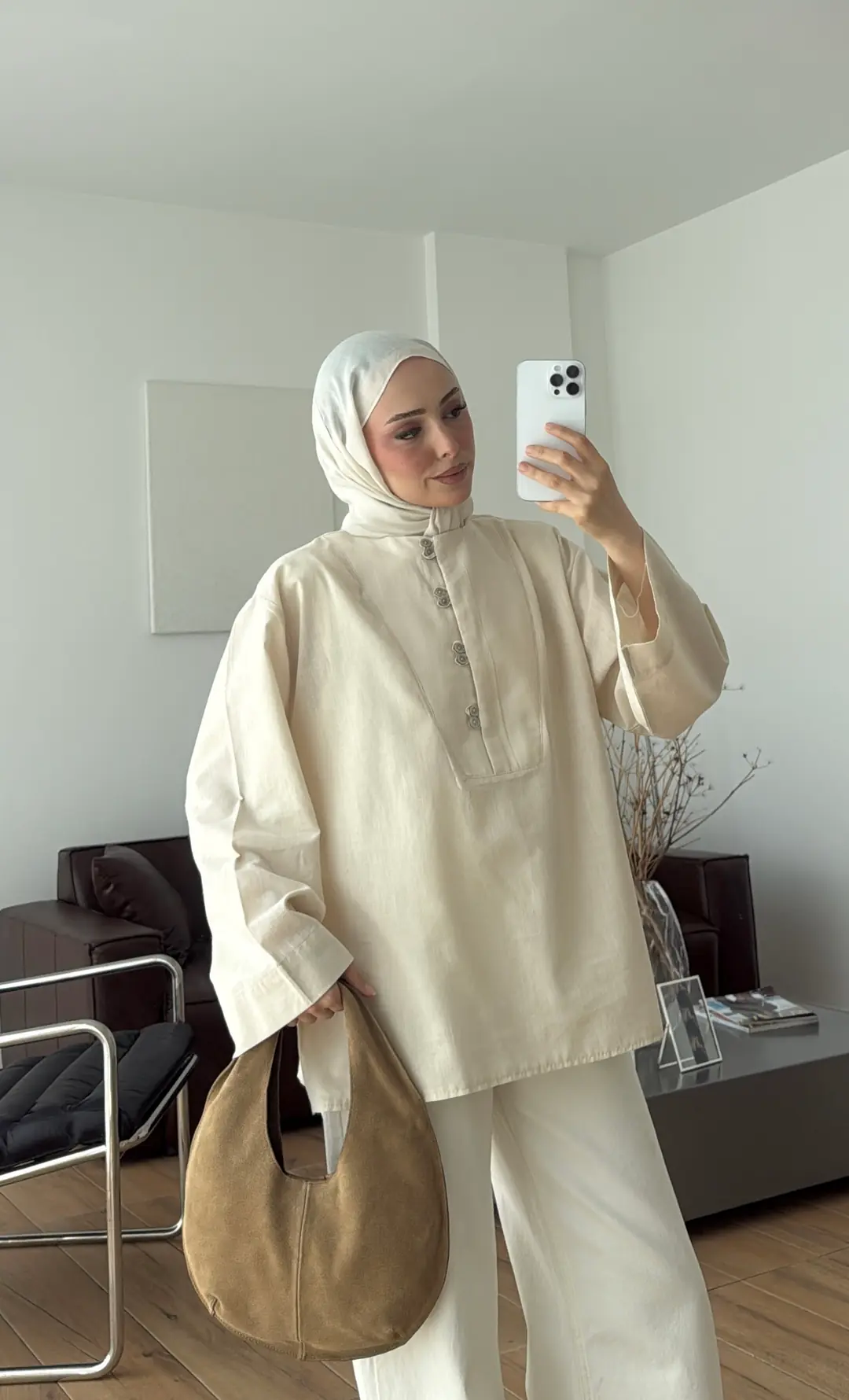 Önden Birit Düğmeli Keten Gömlek Krem