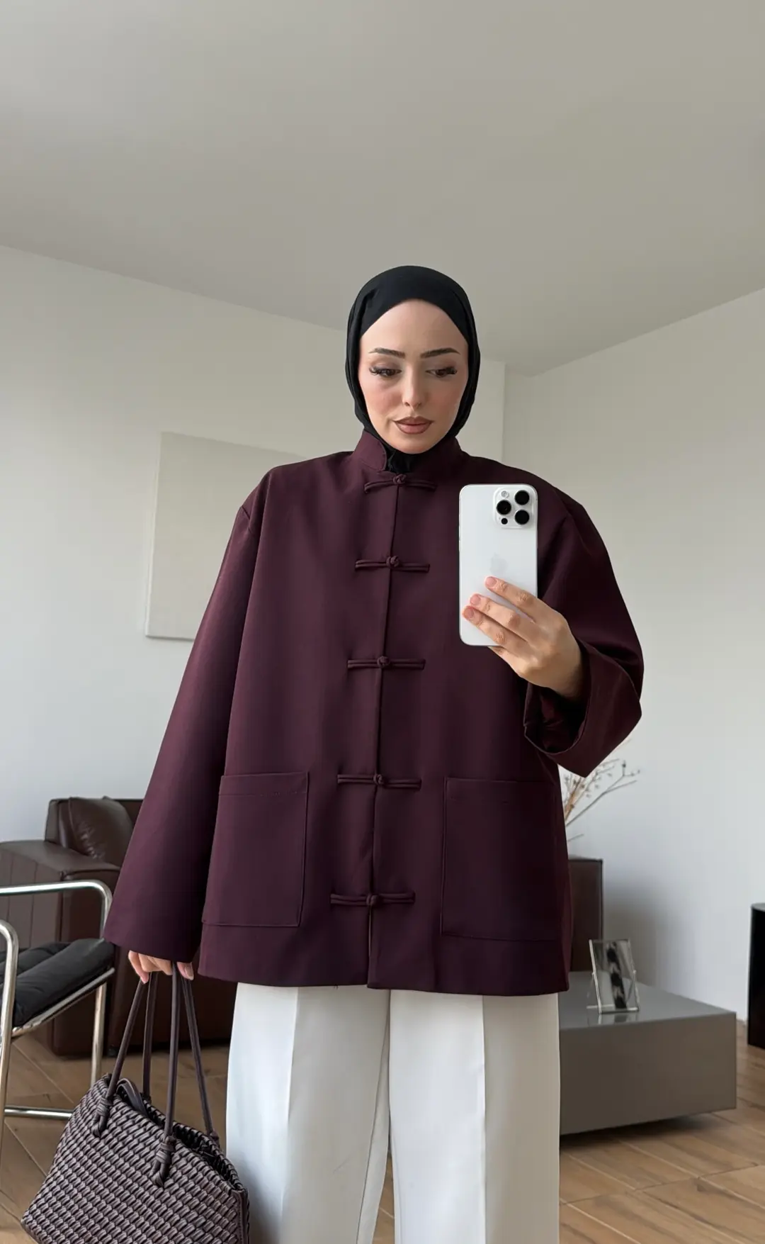 Süslü Düğmeli Krep Ceket Mürdüm