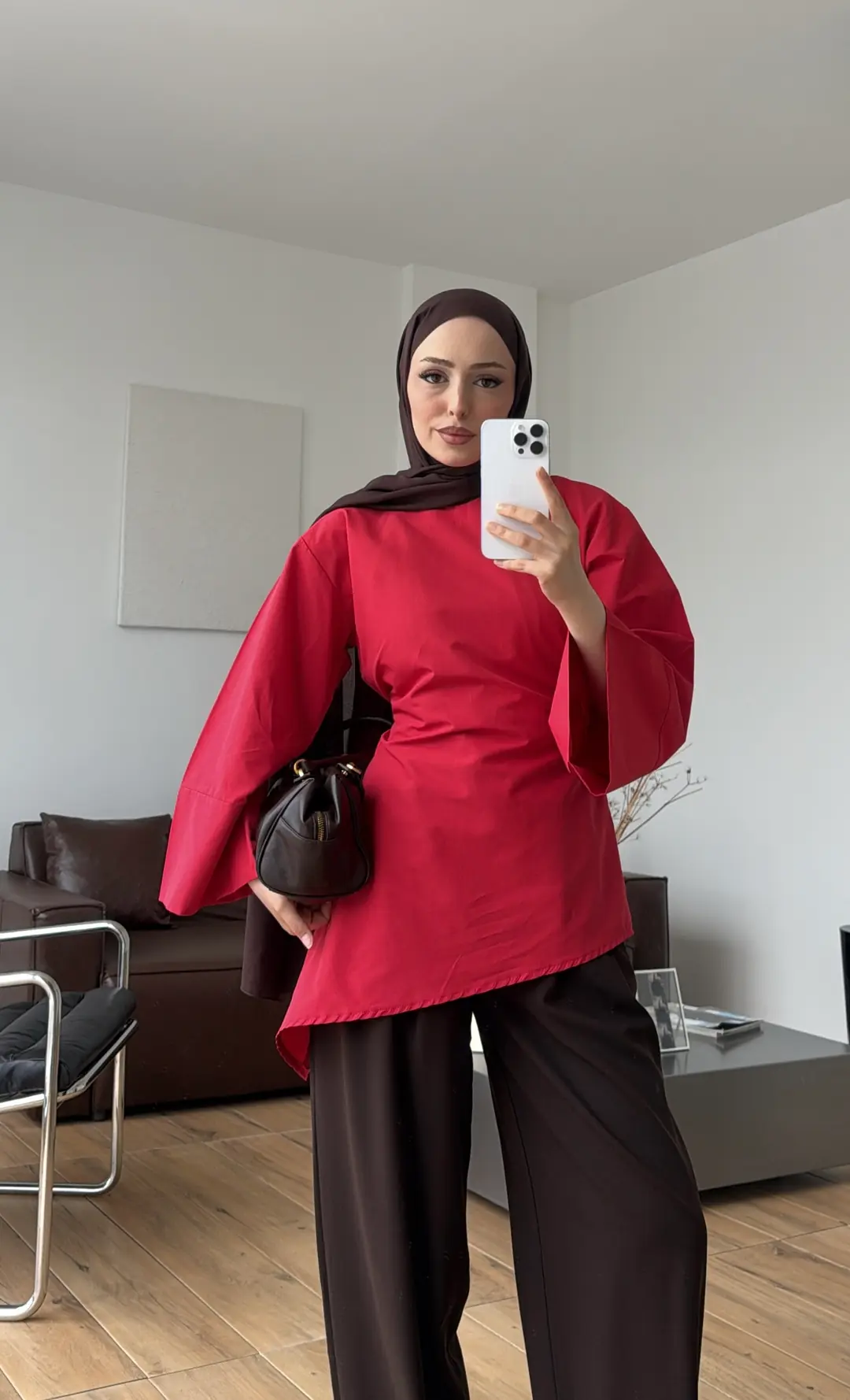 Ela Poplin Kalın Manşetli Bluz Kırmızı