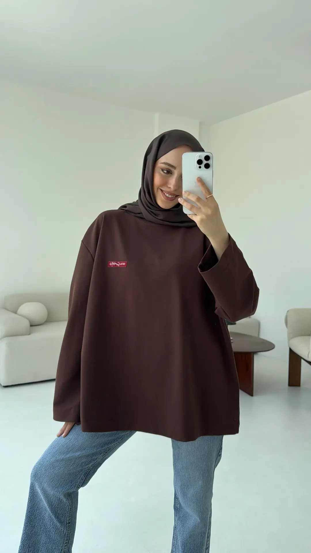 Etiket Baskılı  Sweatshirt Kahve
