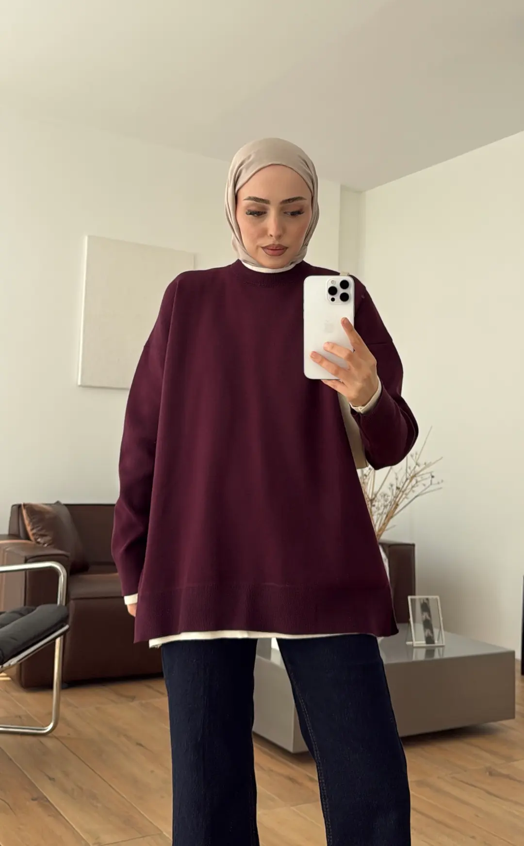 Kontrast Geçişli Triko Kazak Mürdüm