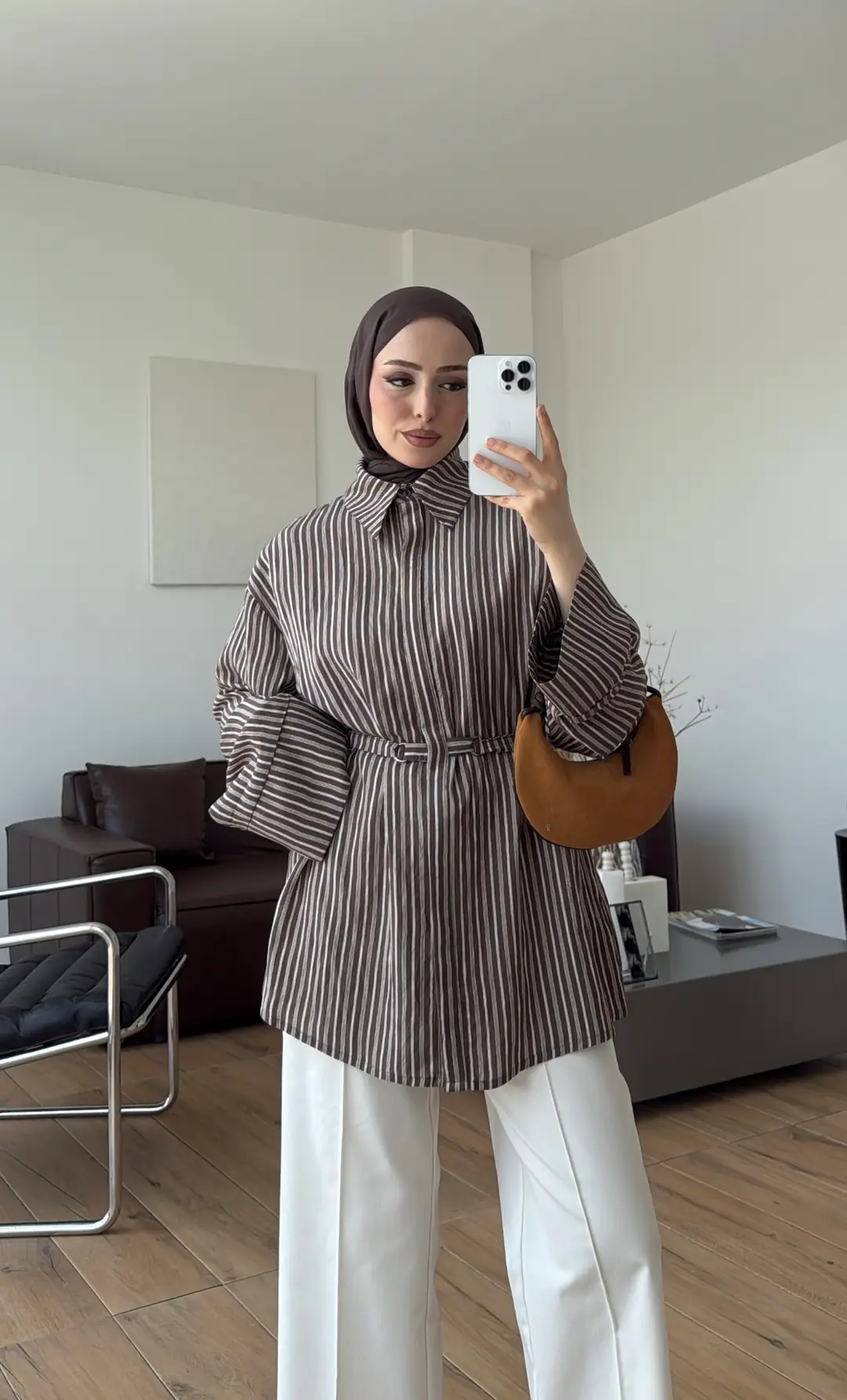 Tokalı Çizgili Gömlek Kahve
