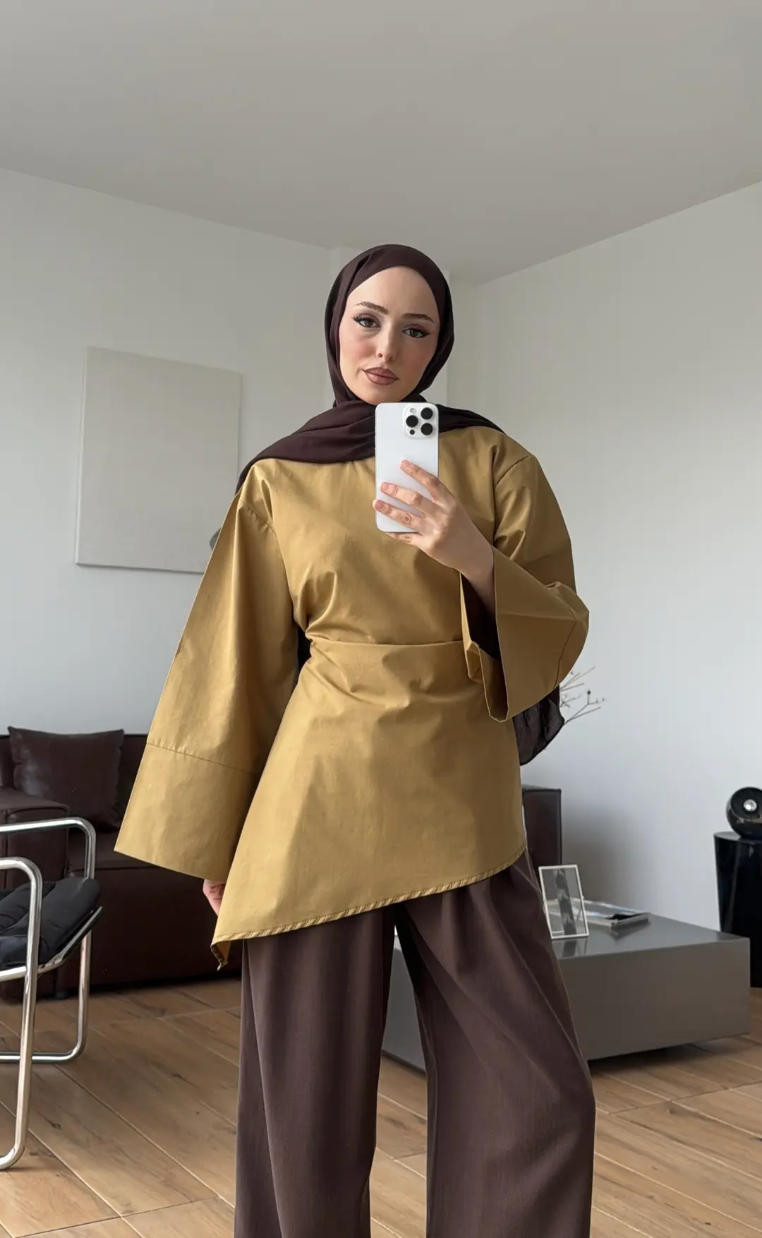 Ela Poplin Kalın Manşetli Bluz Hardal