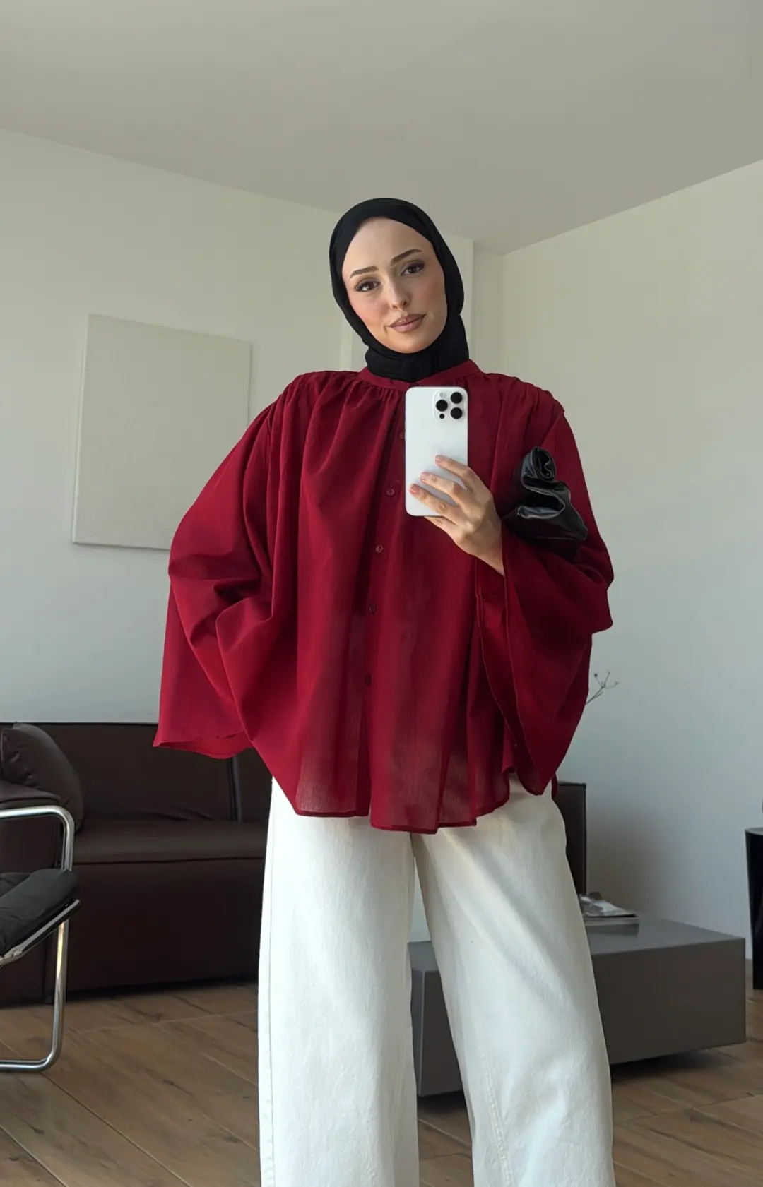 Geniş Kol Dökümlü Vual Gömlek Bordo
