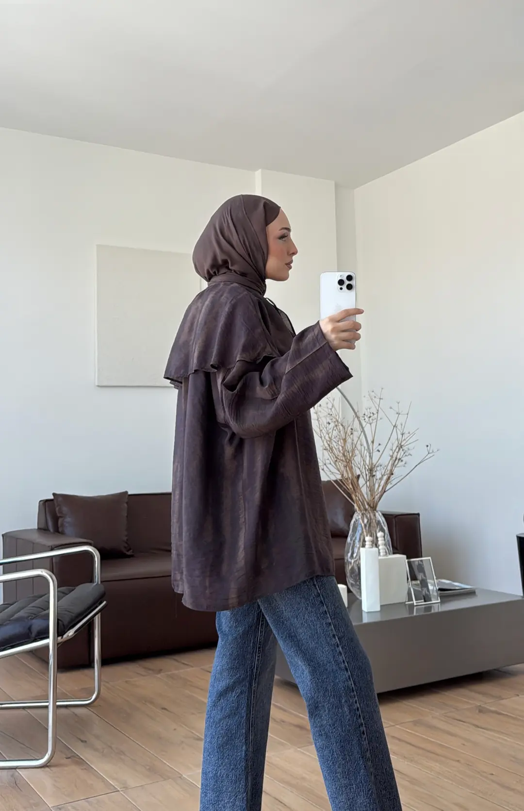 Pelerinli Bağcıklı Bluz Kahve