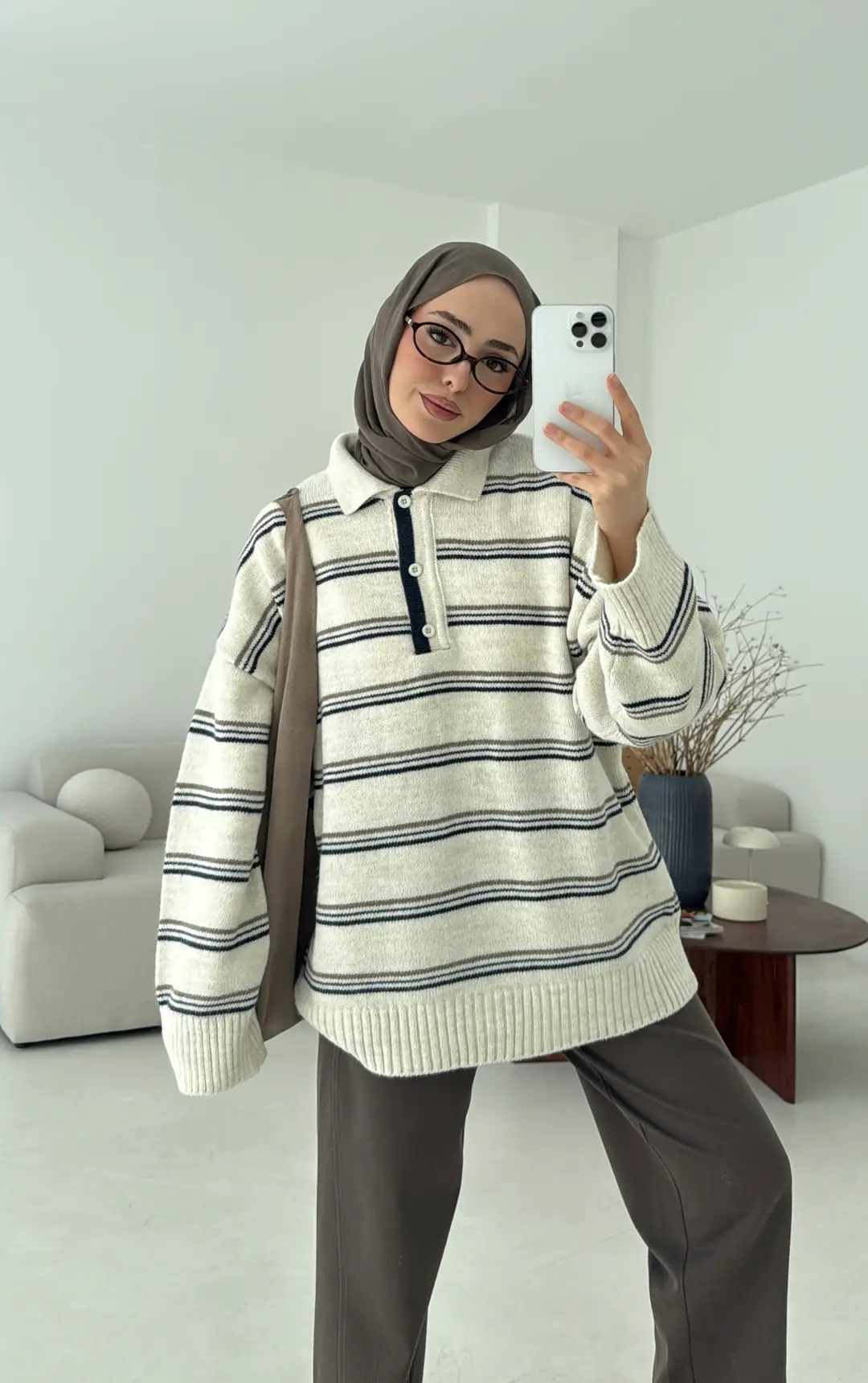 Çift Renk Polo Yaka  Kazak Ekru