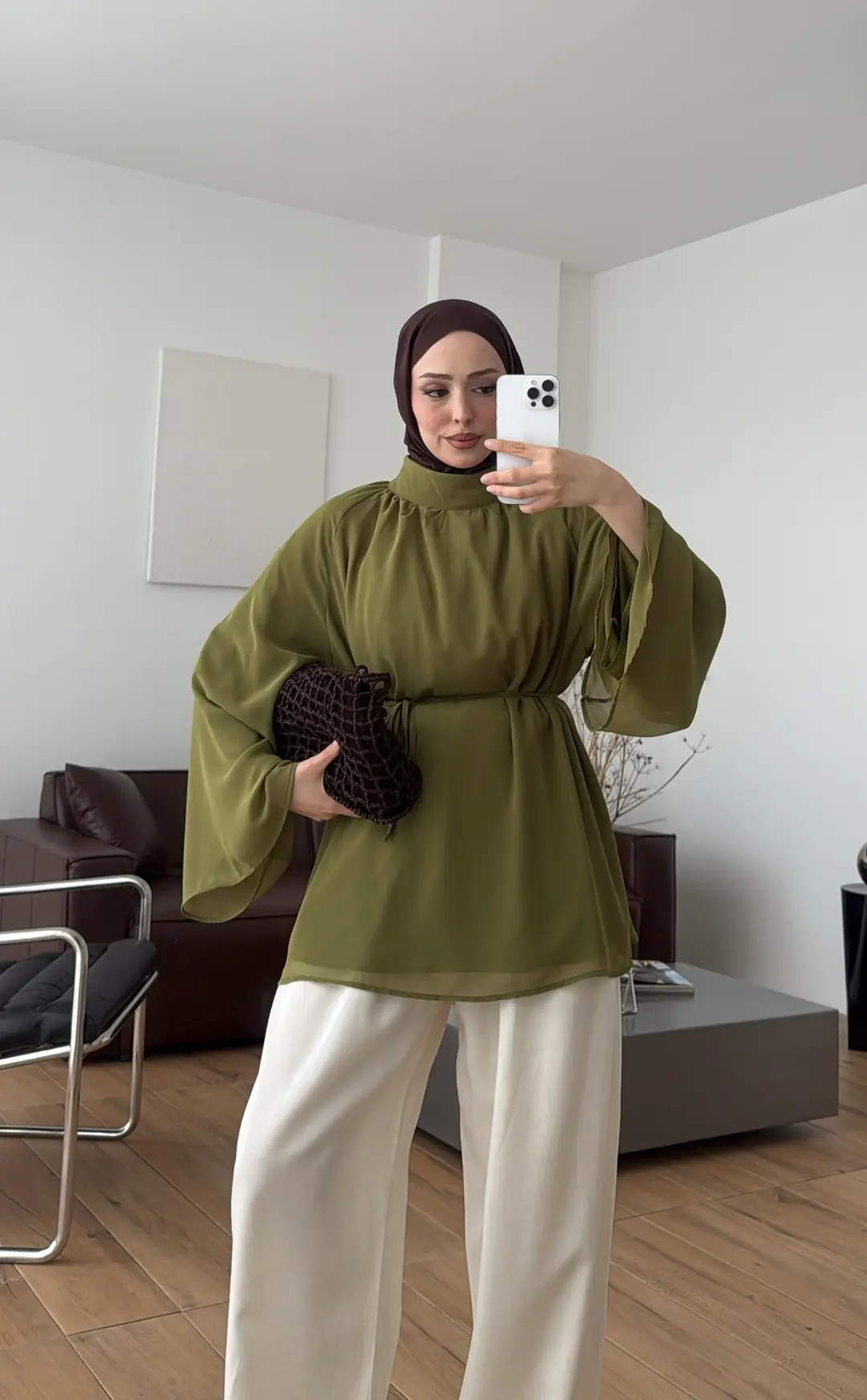 Şifon Dökümlü Bluz Olive