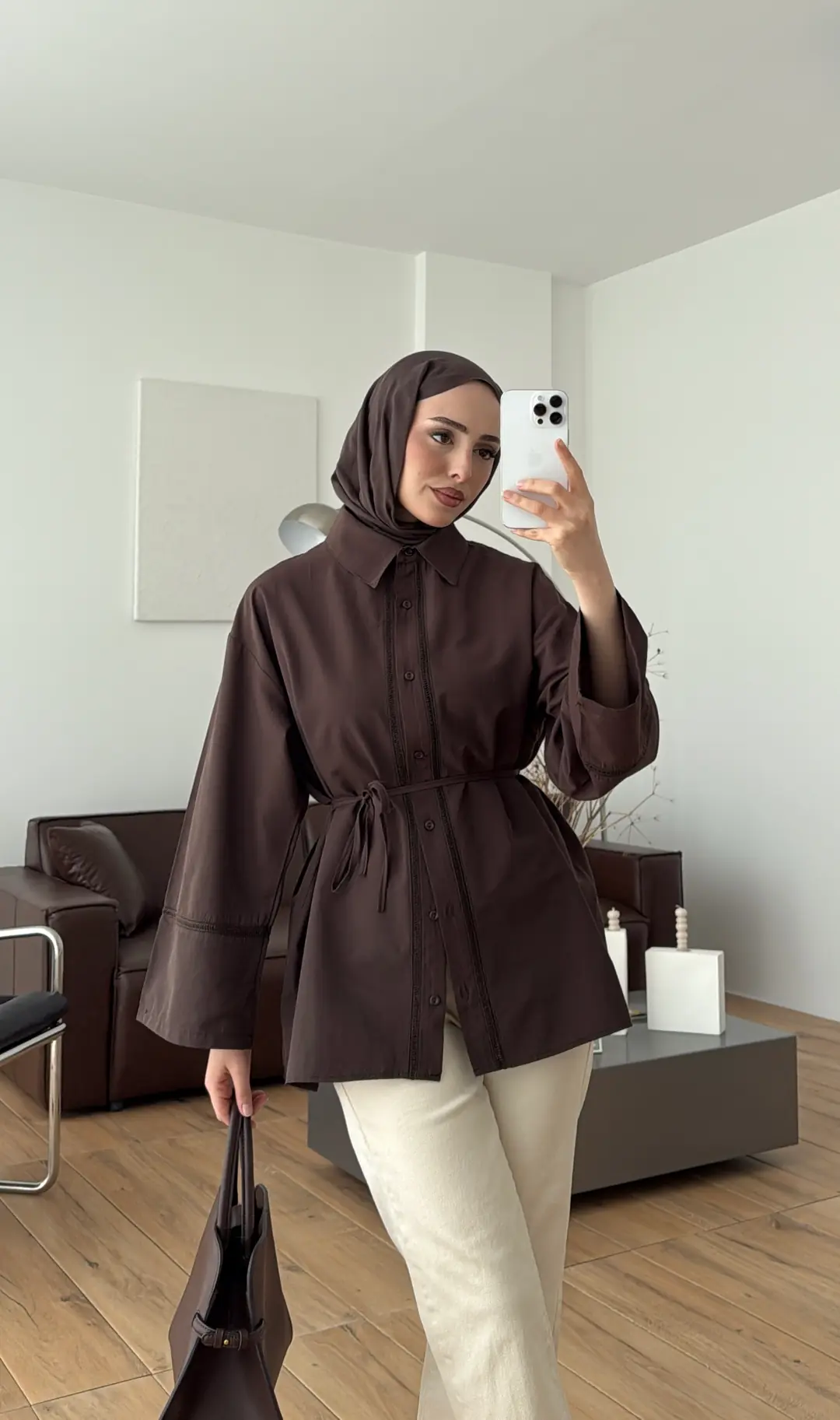 Dantel Geçişli Poplin Gömlek Kahve
