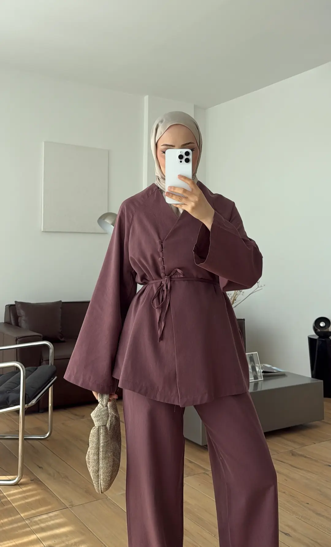 Sık Düğmeli Keten Takım Mürdüm