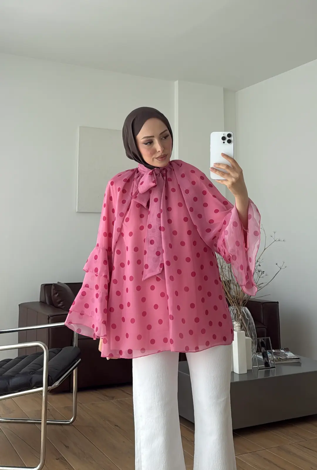 Oryo Puantiyeli Şifon Bluz Pembe