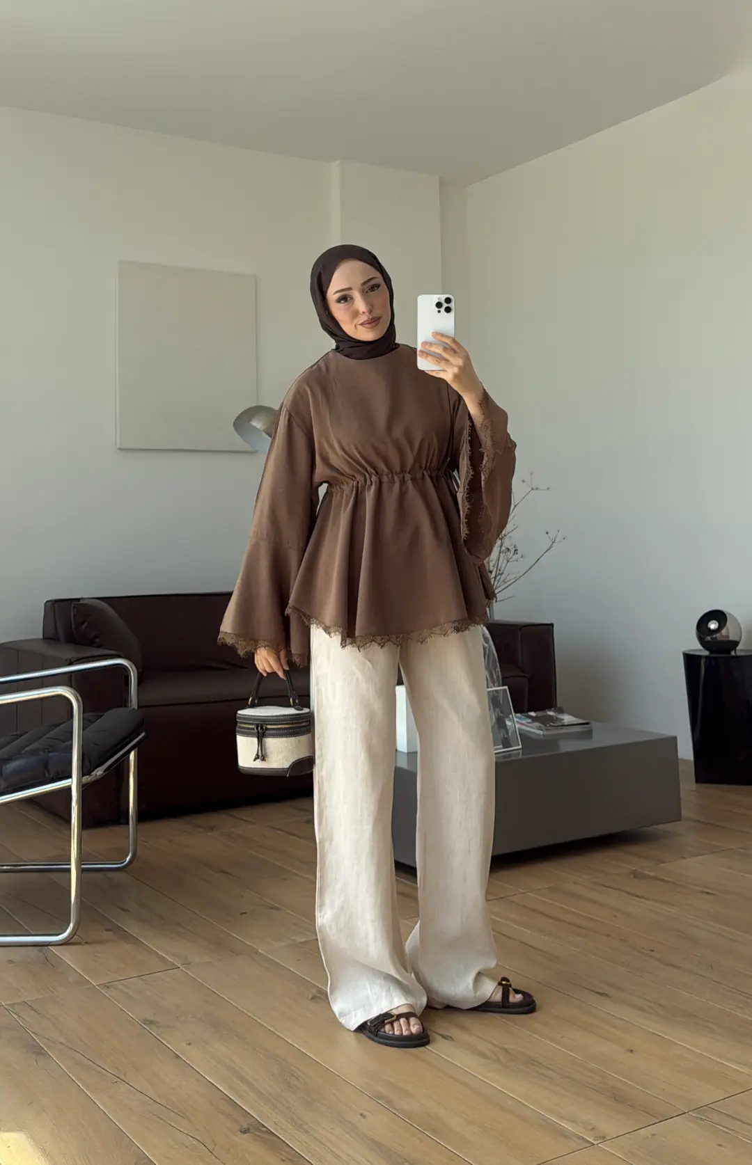 Lace Bel Detay Tunik Açık Kahve