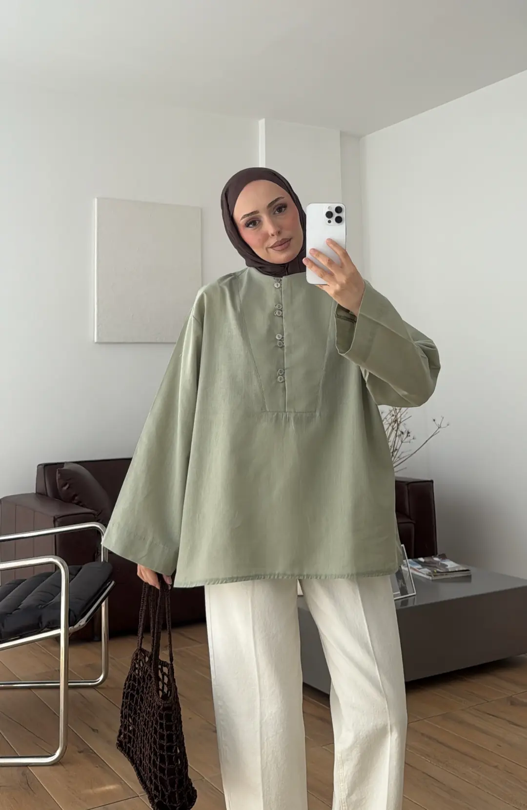 Önden Birit Düğmeli Keten Gömlek Mint