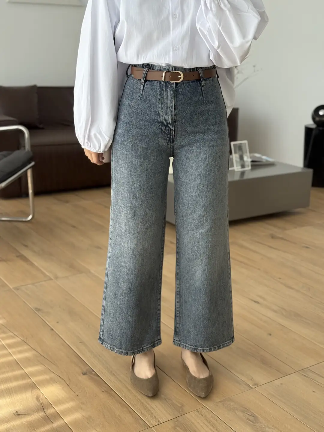 Kahve Kemerli Eskitme Jean