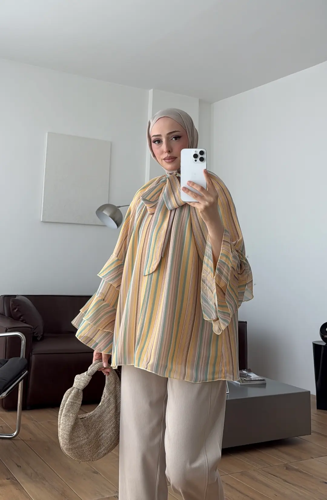 Oryo Çizgili Şifon Bluz Bej/Hardal
