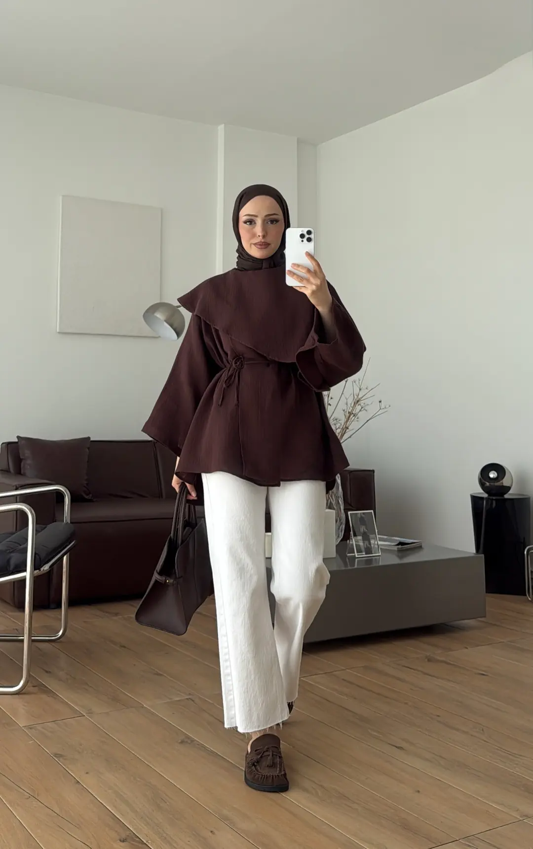 Şal Detaylı Müslin Bluz Kahve