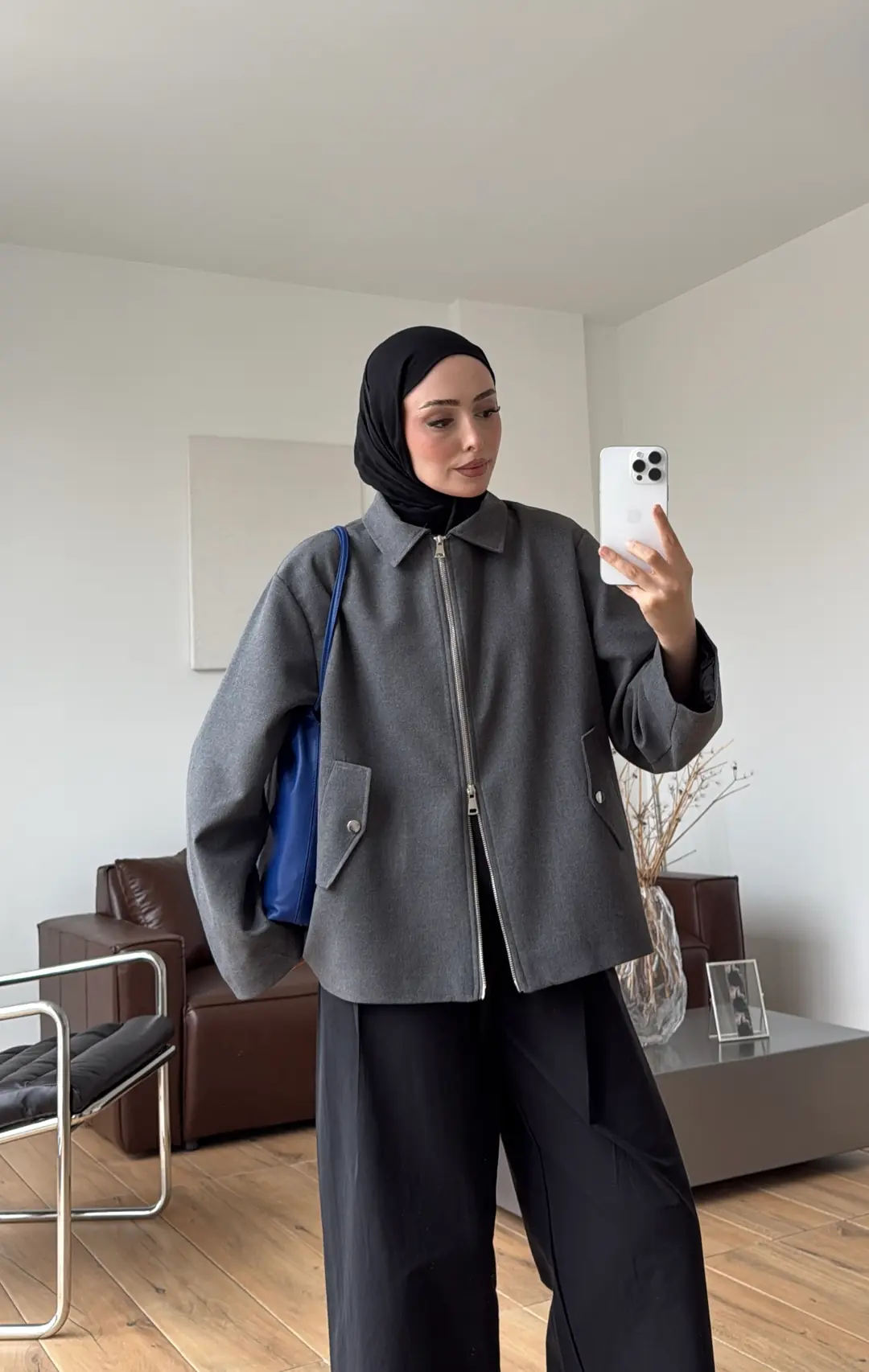 Çift Fermuarlı Ceket Gri