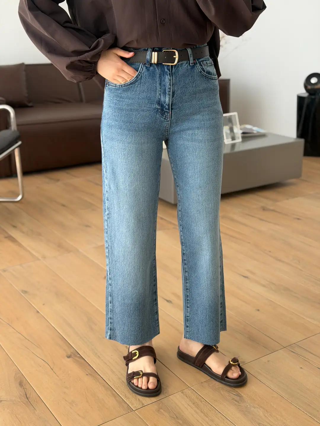 Premium Paçası Kesik Jean Koyu Mavi
