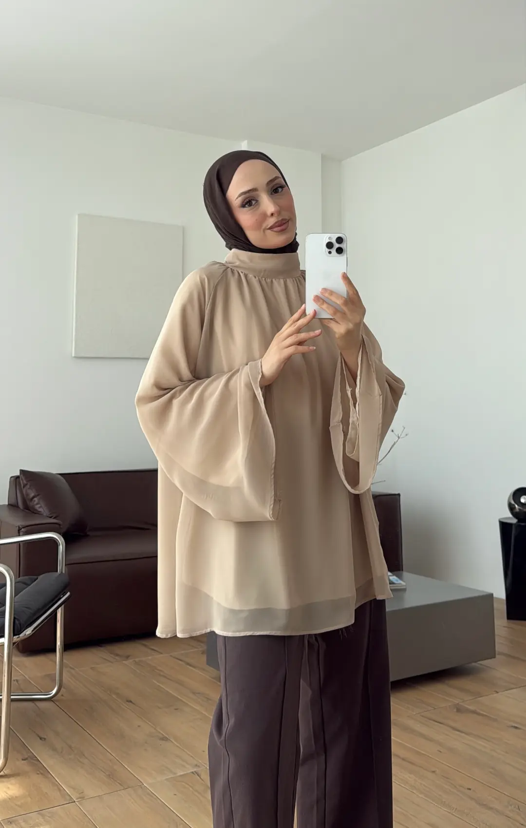 Şifon Dökümlü Bluz Krem Açık Kahverengi
