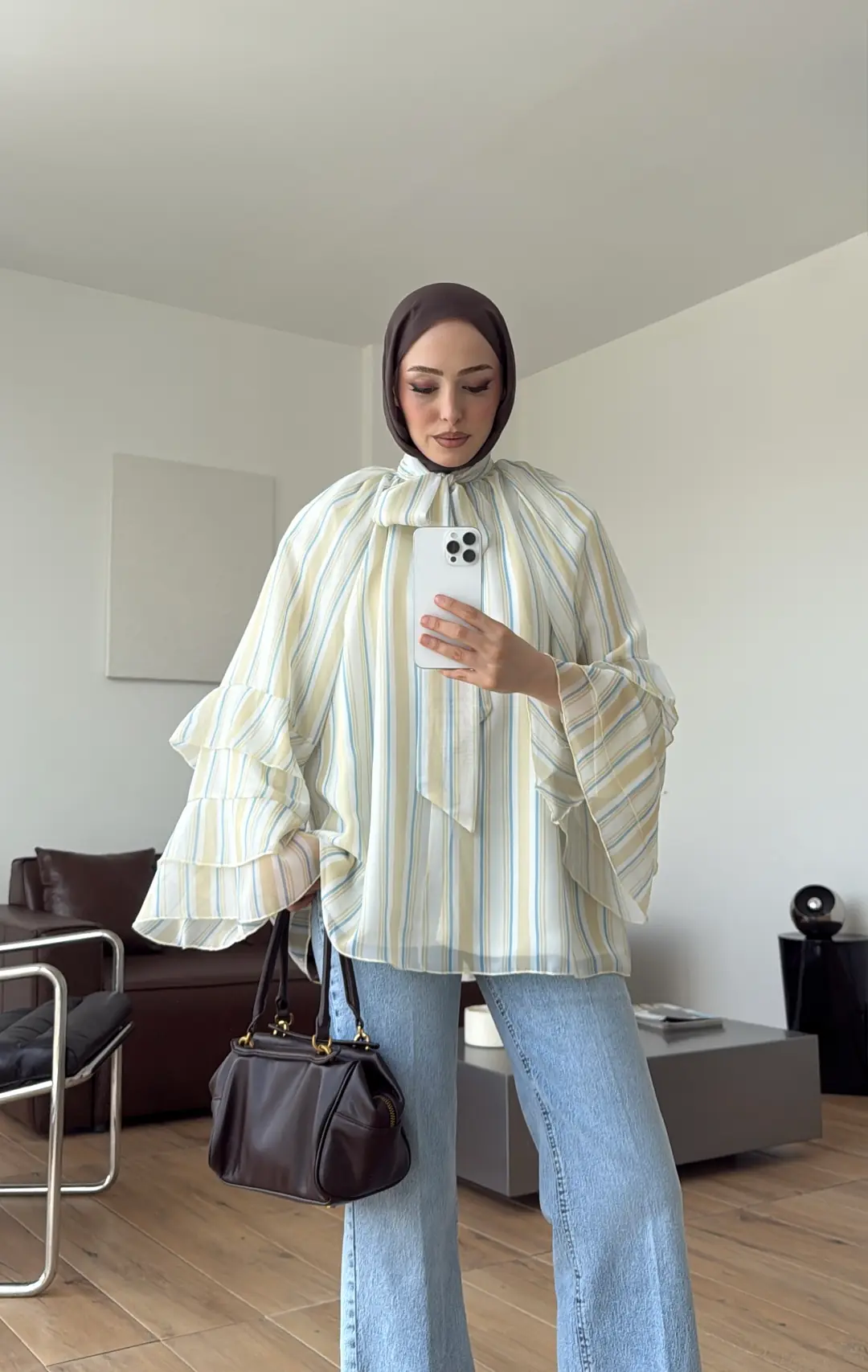 Oryo Çizgili Şifon Bluz Sarı