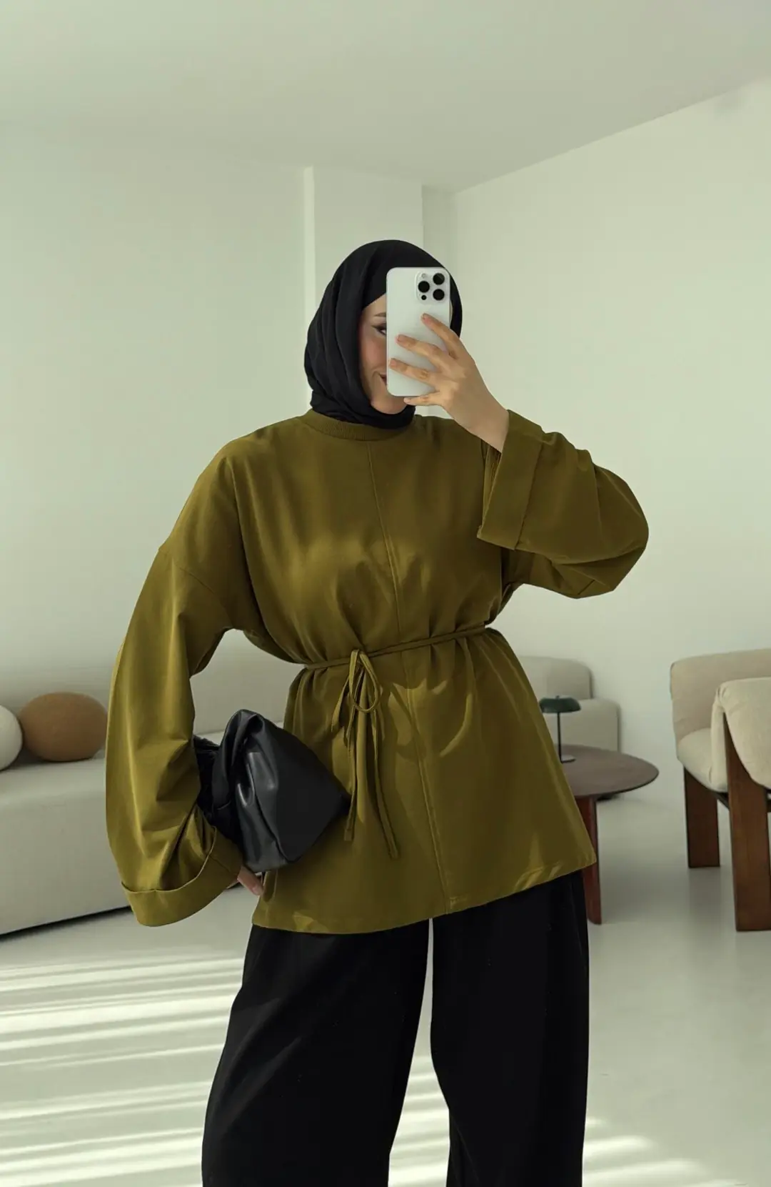 Bağlamalı Yanı Yırtmaç Detay Sweat Olive