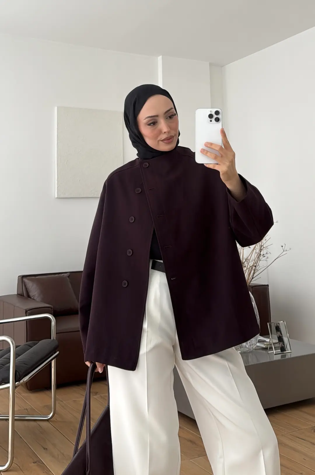 Bağcıklı Dik Yaka Ceket Mürdüm