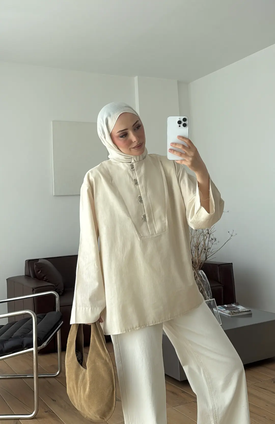 Önden Birit Düğmeli Keten Gömlek Krem