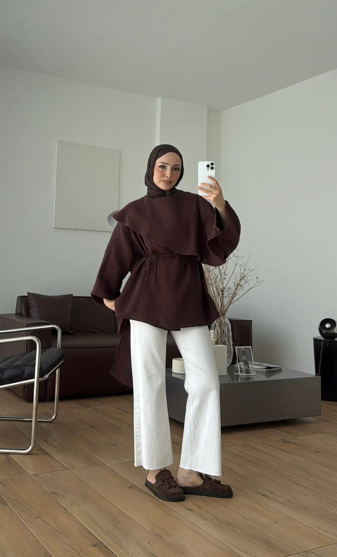 Şal Detaylı Müslin Bluz Kahve
