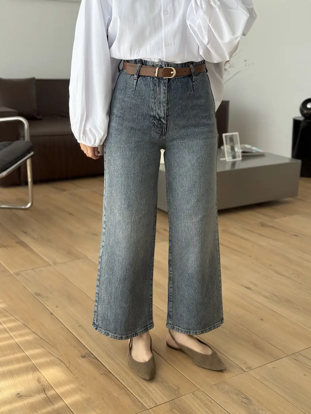 Kahve Kemerli Eskitme Jean