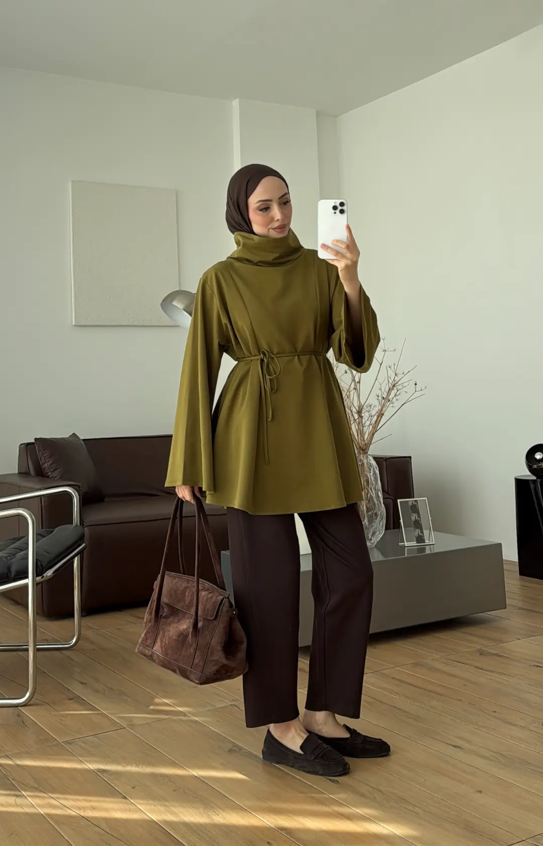 Bel Bağlamalı Dik Yaka Tunik Olive