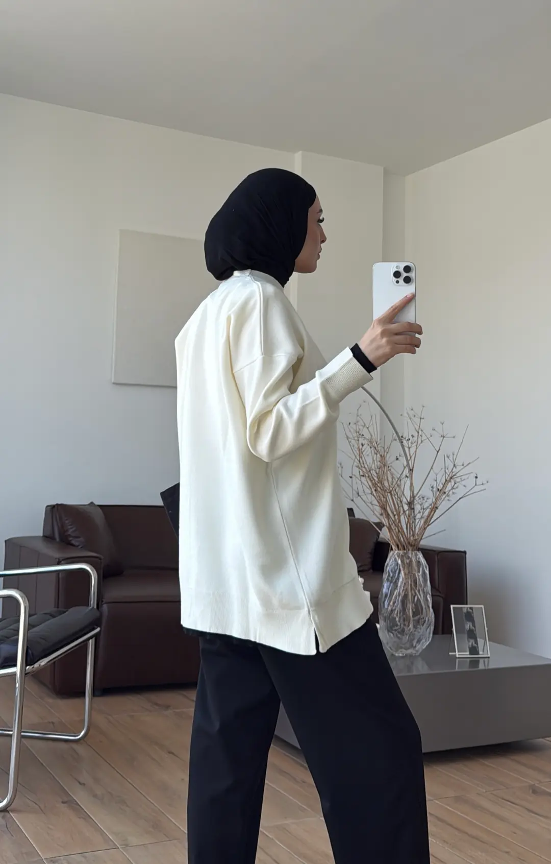 Kontrast Geçişli Triko Kazak Ekru