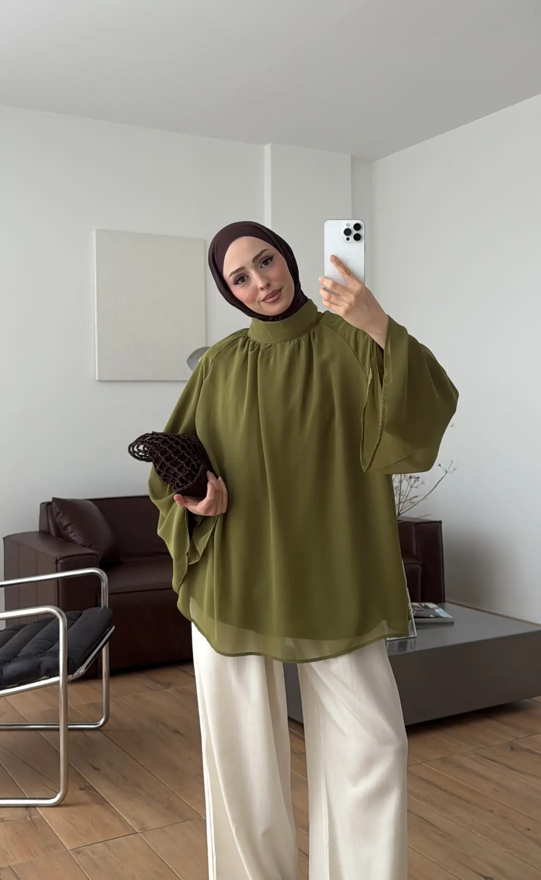 Şifon Dökümlü Bluz Olive