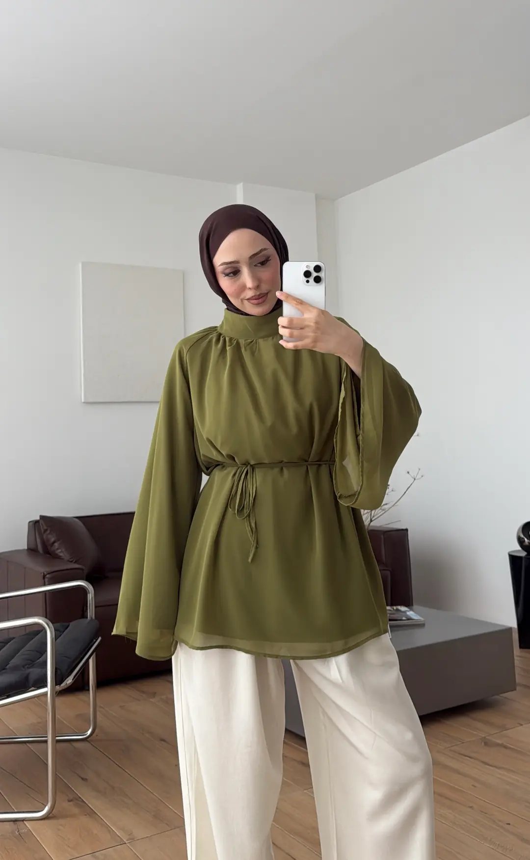 Şifon Dökümlü Bluz Olive