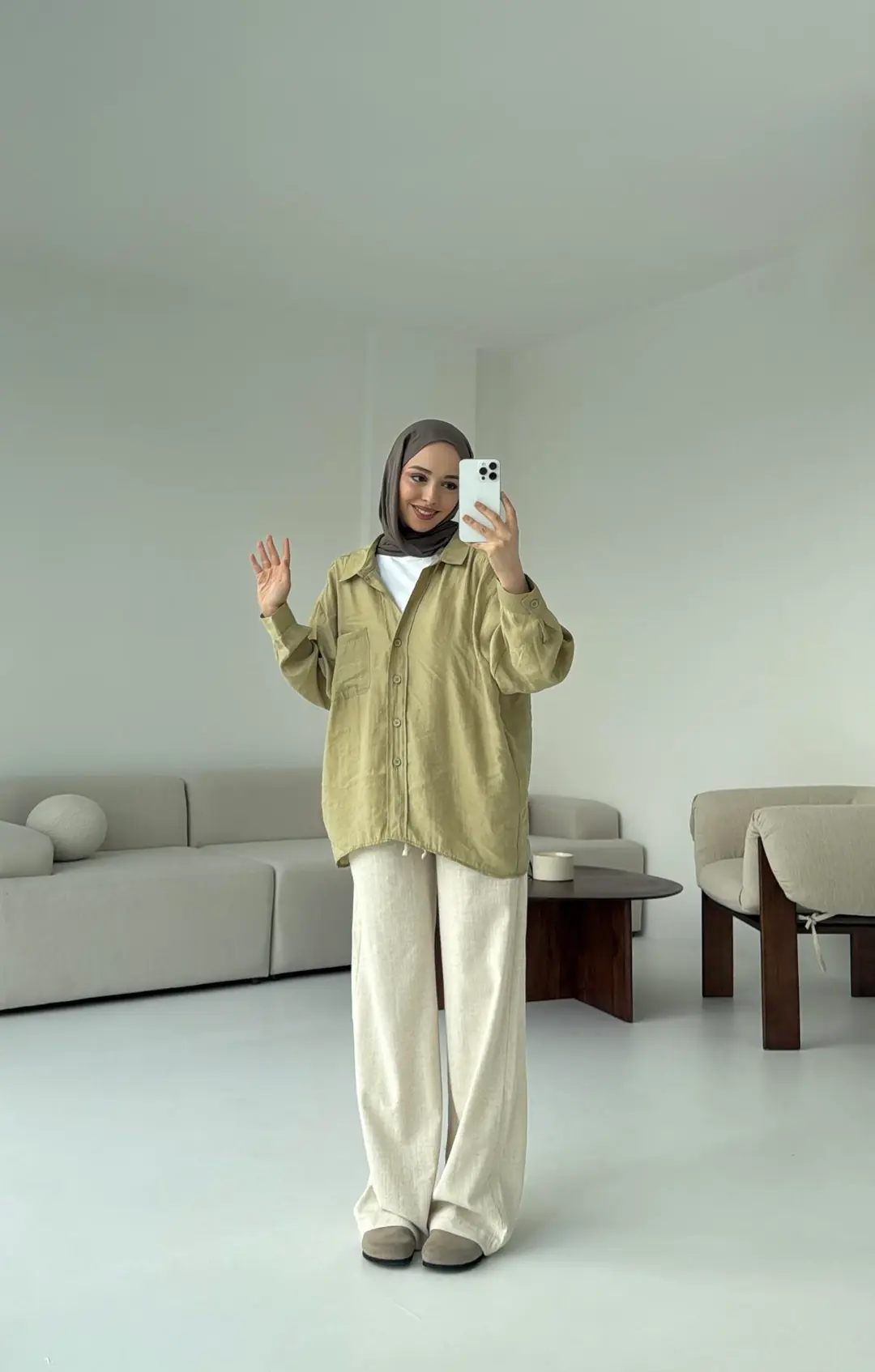 Düşük Omuz Oversize Gömlek Haki