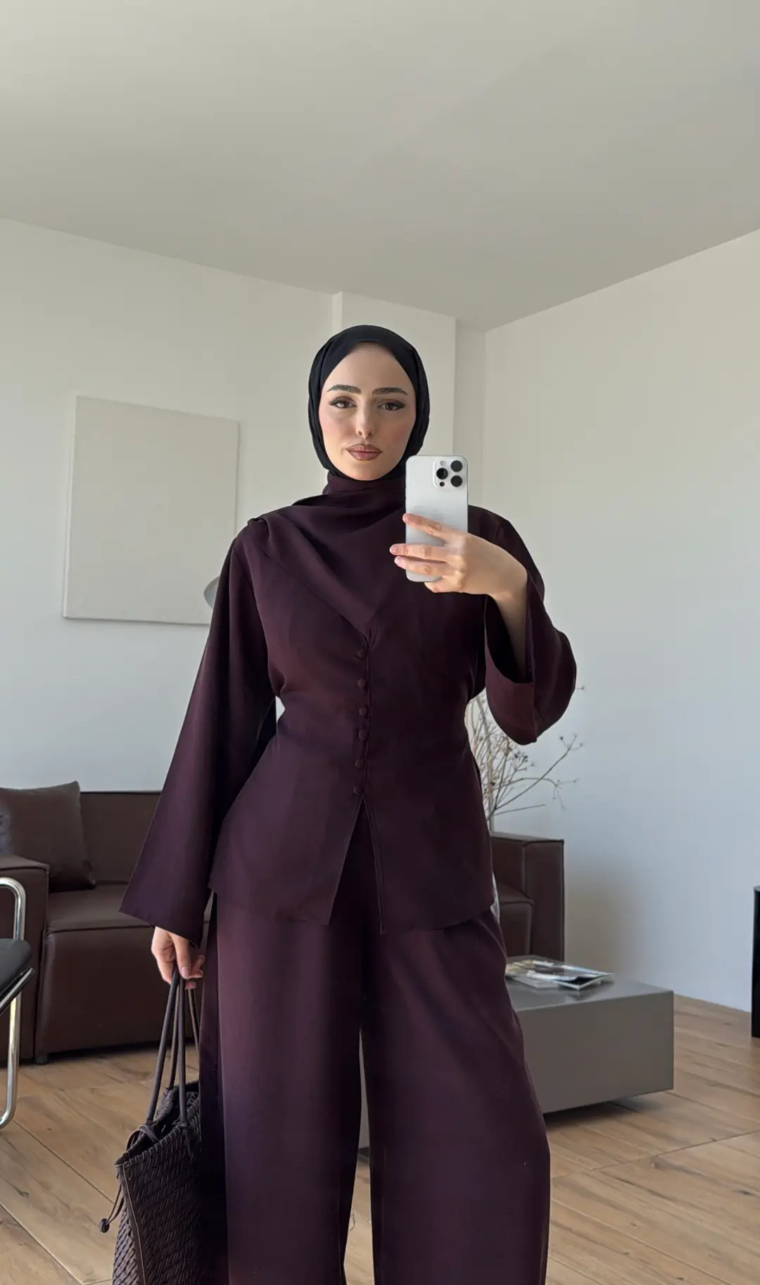 Şal Detay Bol Paçalı Takım Mürdüm