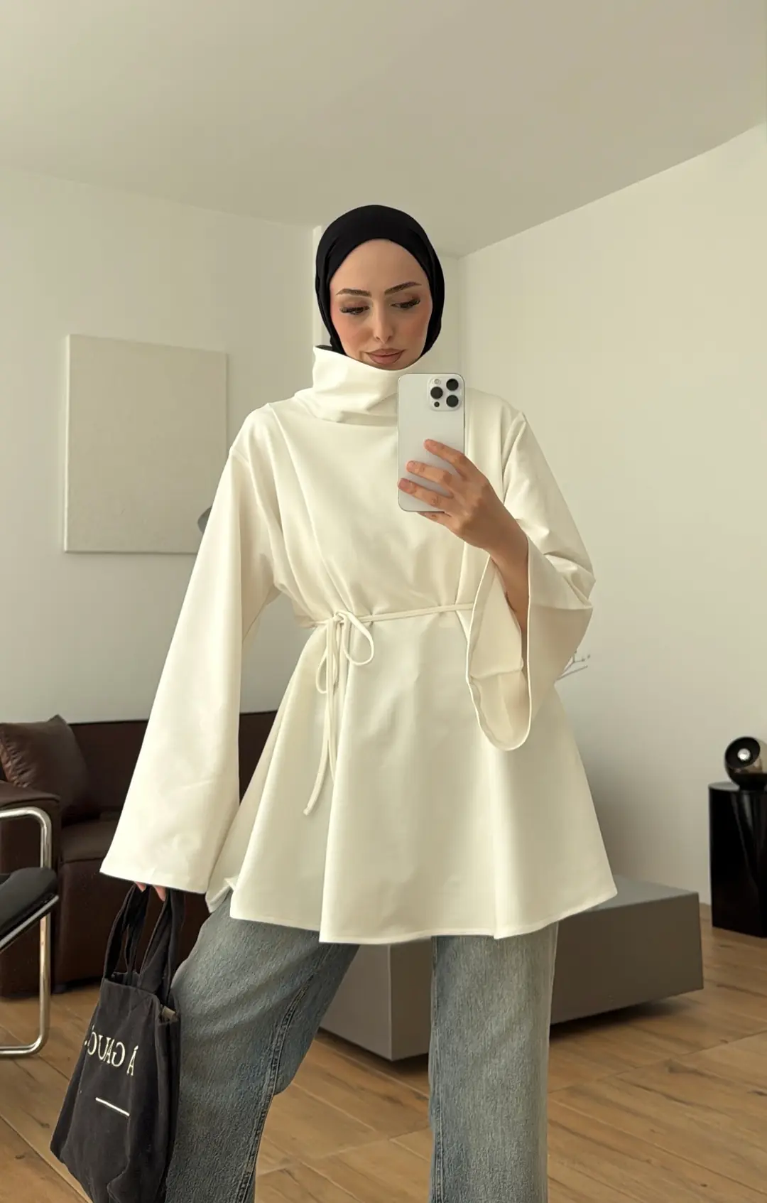 Bel Bağlamalı Dik Yaka Tunik Ekru