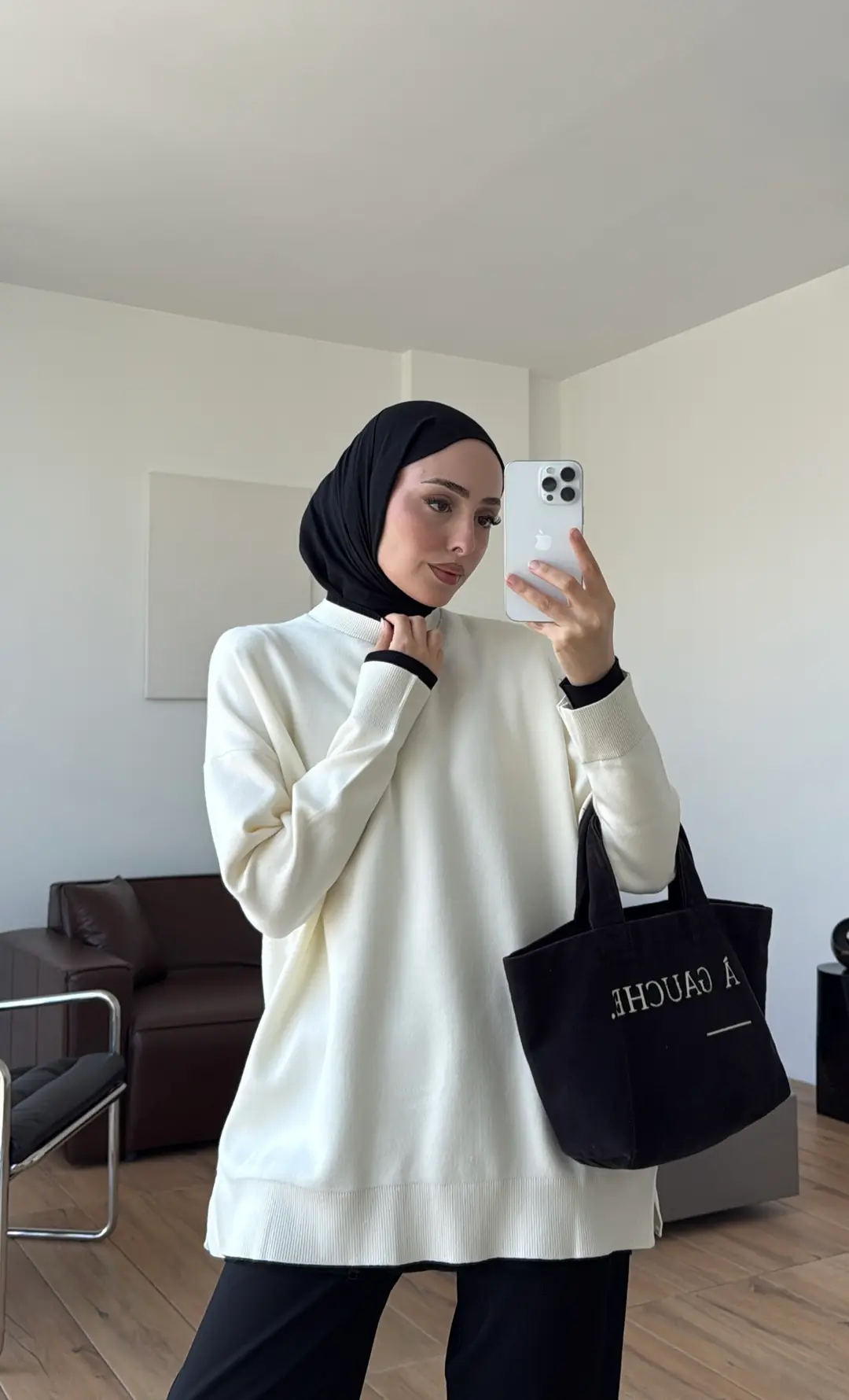 Kontrast Geçişli Triko Kazak Ekru