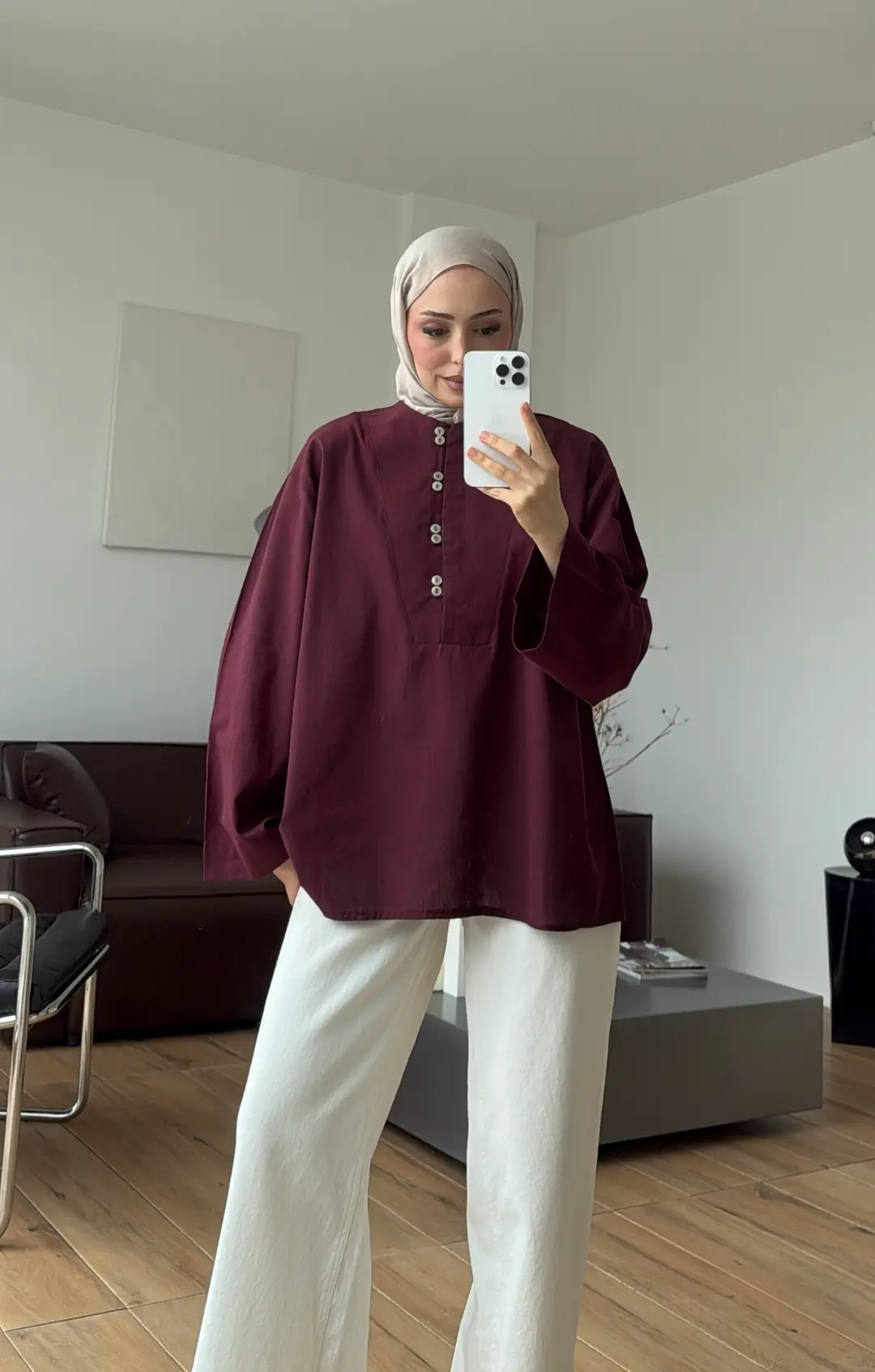Önden Birit Düğmeli Keten Gömlek Bordo