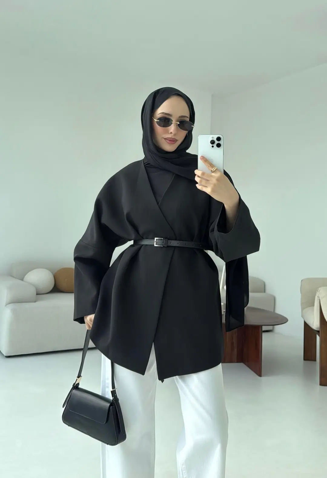 Deri Kemer Detay Oversize Ceket Siyah