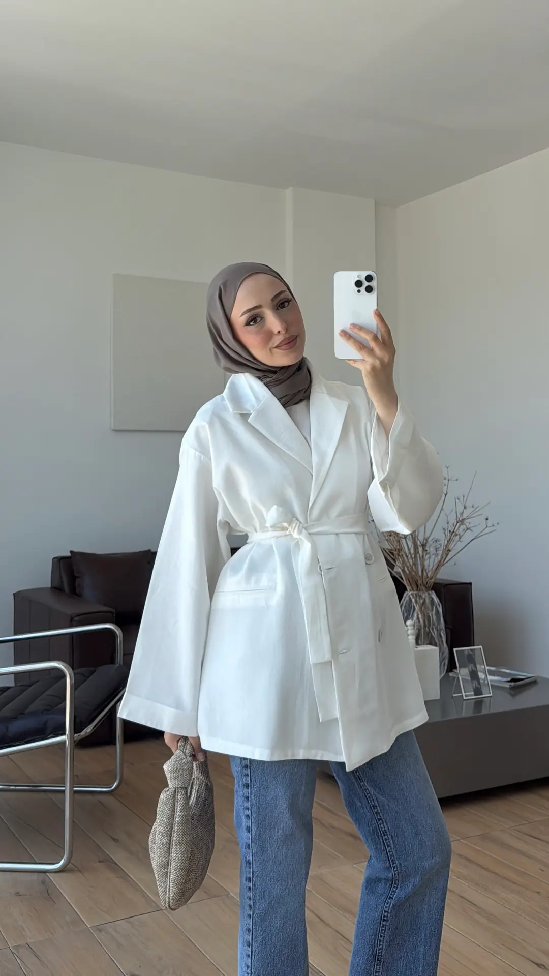 Kemerli Cepli Yazlık Ceket Beyaz