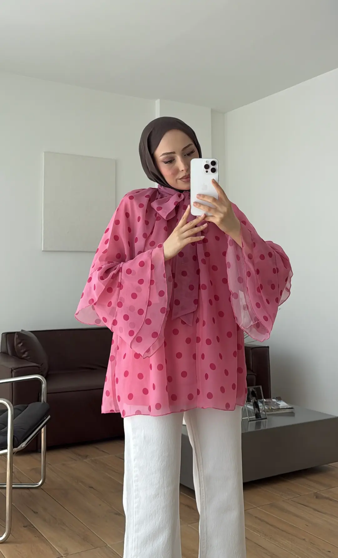 Oryo Puantiyeli Şifon Bluz Pembe