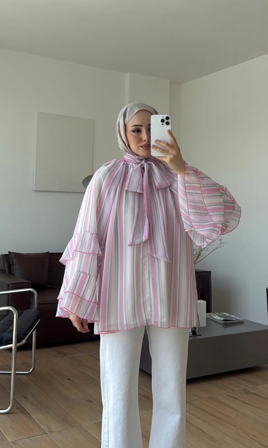 Oryo Çizgili Şifon Bluz Pembe