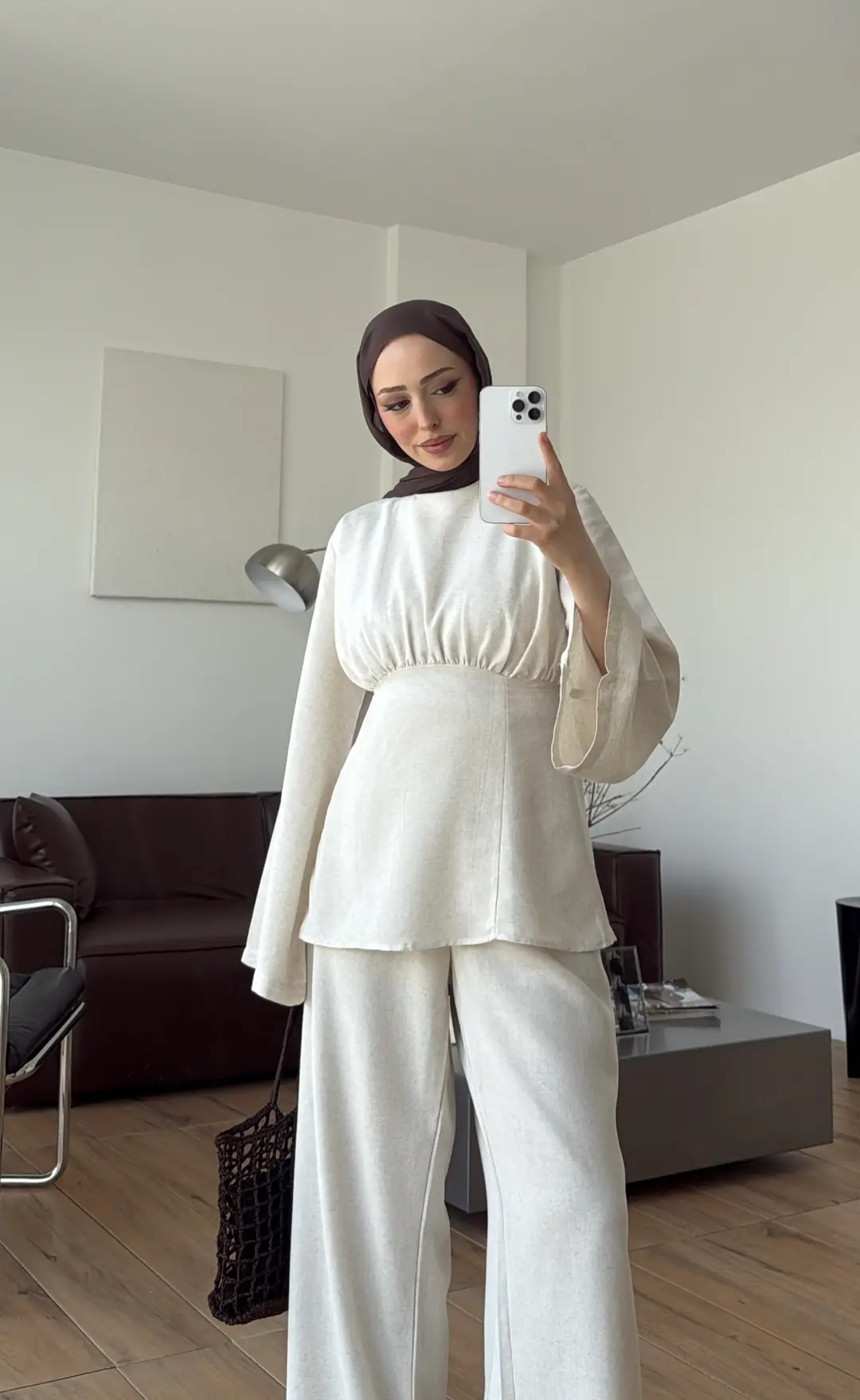 Bluzlu Pera Keten Takım Bej