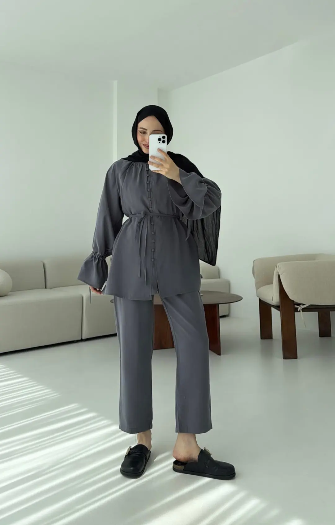 Birit  Düğmeli Tencel Takım Antrasit