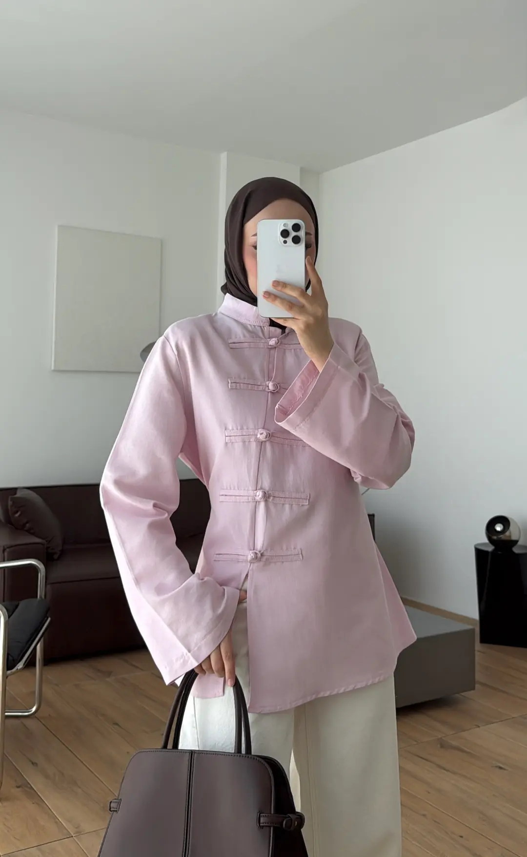 Süslü Düğmeli Keten Bluz Pembe
