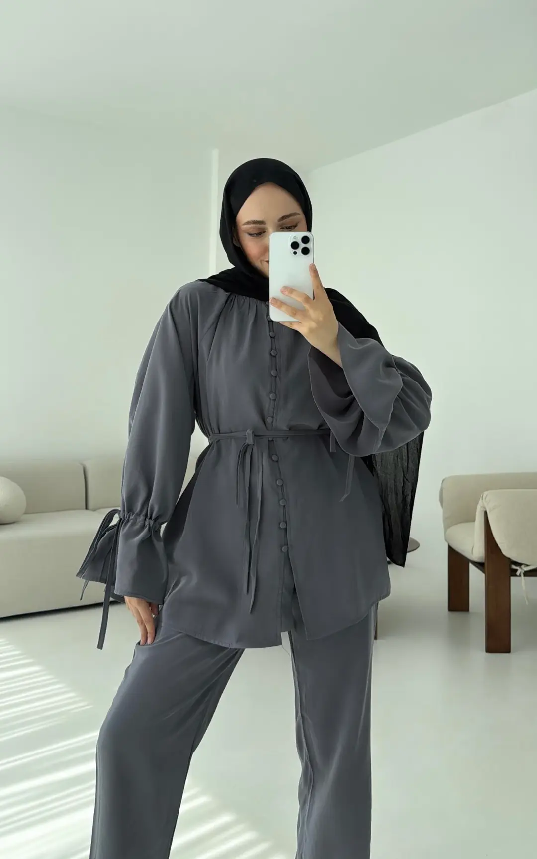 Birit  Düğmeli Tencel Takım Antrasit