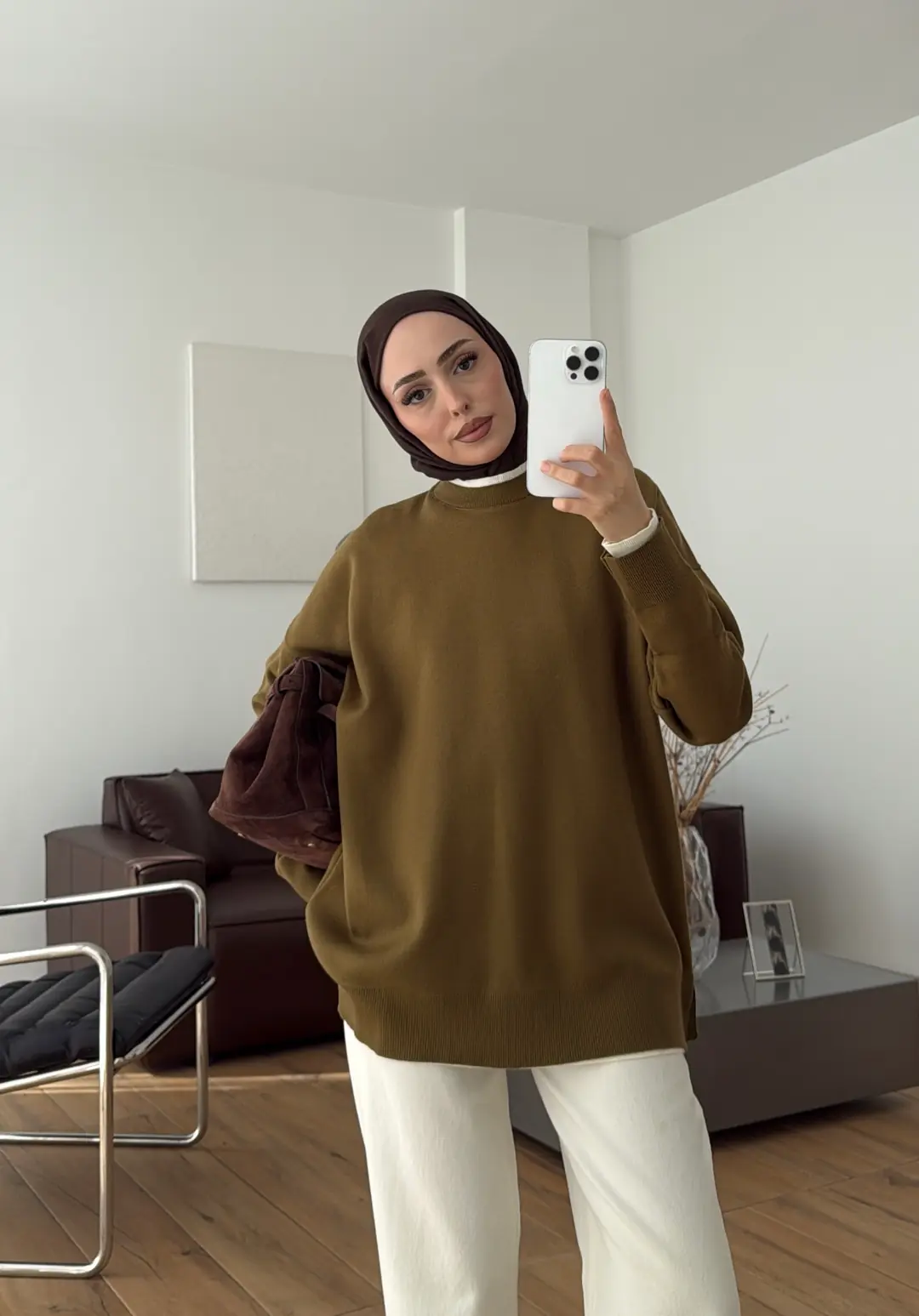 Kontrast Geçişli Triko Kazak Olive