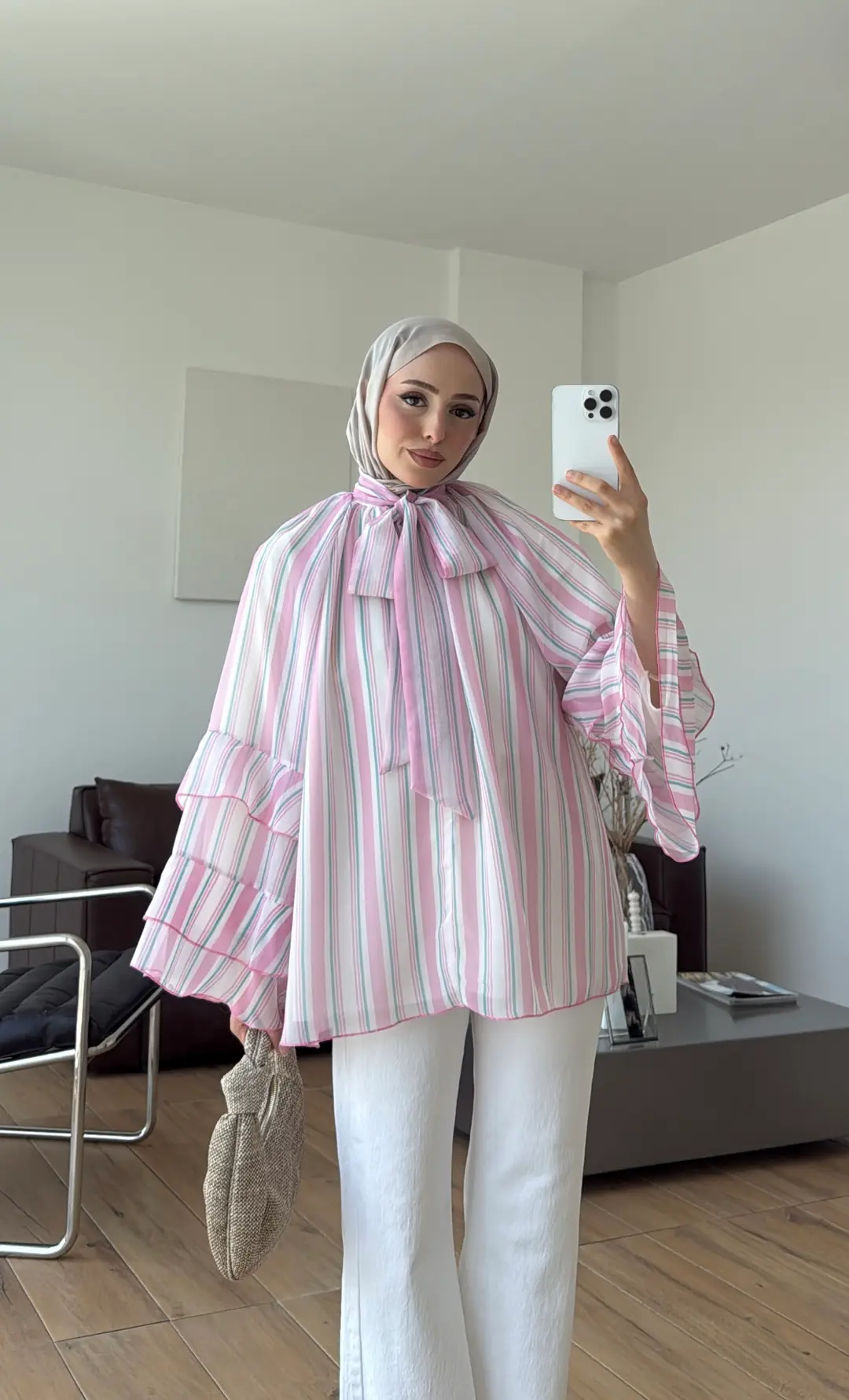 Oryo Çizgili Şifon Bluz Pembe