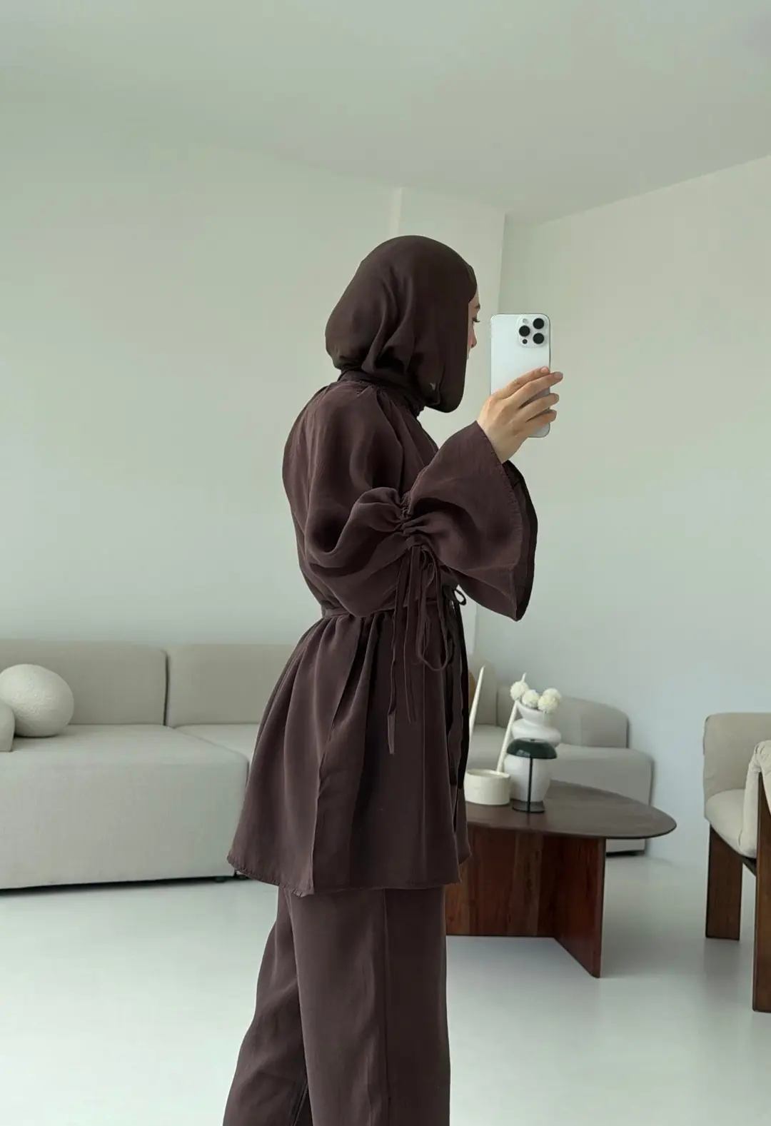 Birit  Düğmeli Tencel Takım Kahve