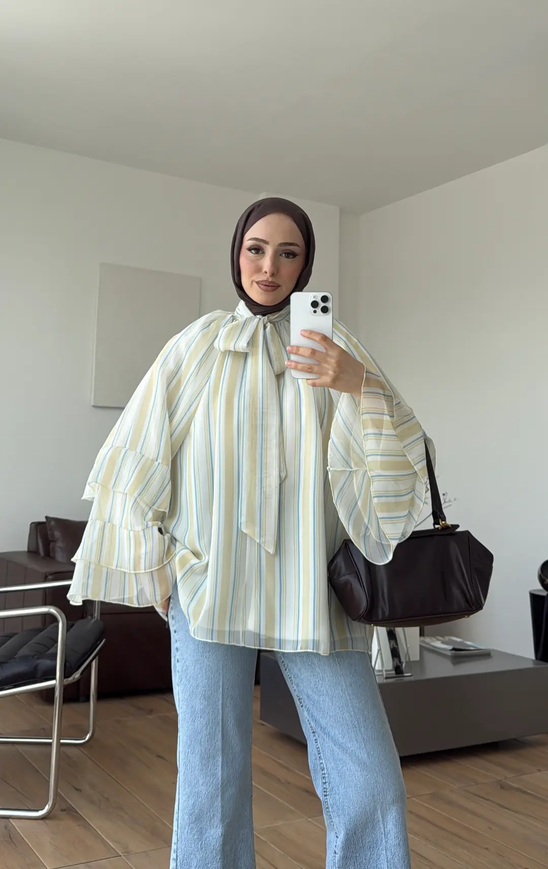 Oryo Çizgili Şifon Bluz Sarı