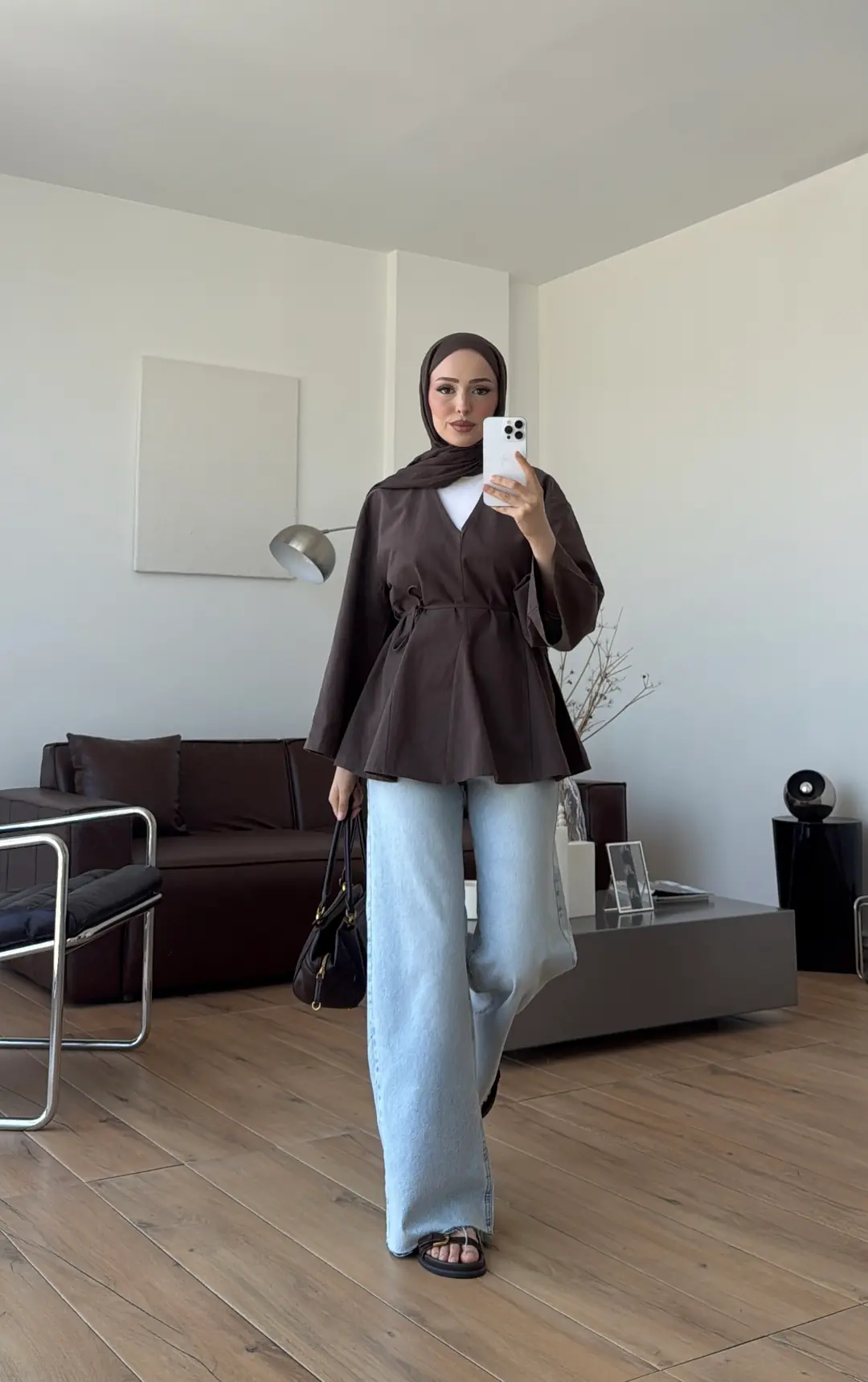 Volanlı Belden İpli Tunik Kahve